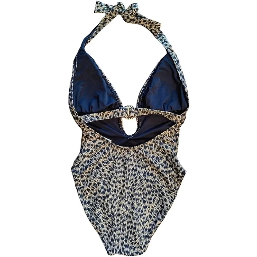 Michael Kors Leopard Print One Piece Swimsuit, Size 4, Black/Tan/Gold NWT